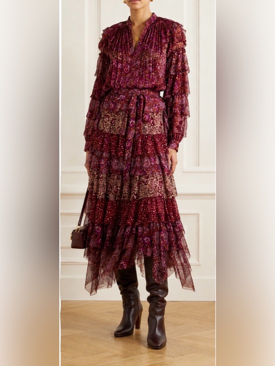 Ulla Johnson Dresses & Skirts - Ulla Johnson Silk Floral Tiered Ruffle Midi Skirt Burgundy Purple